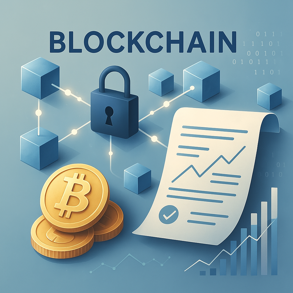 Illustration numérique représentant un réseau blockchain avec des transactions et des graphiques financiers dans un style semi-réaliste et moderne, symbolisant les cryptomonnaies et la technologie décentralisée