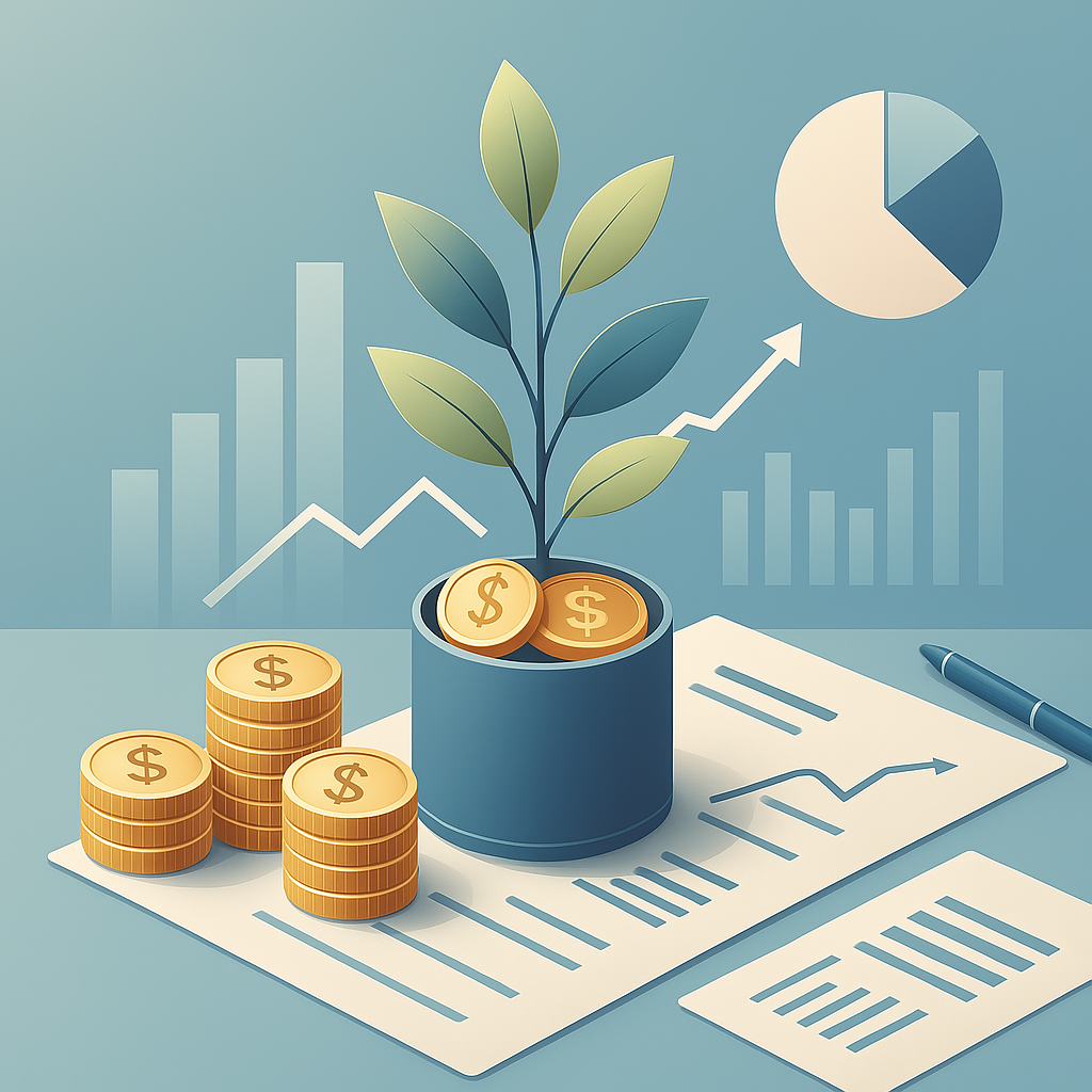 Illustration numérique de style plat mettant en avant la gestion financière, avec une plante en pot portant des pièces en forme de dollars à sa base, des piles de pièces d’or, des graphiques financiers et des documents avec des courbes, le tout sur un fond bleu clair. L’image symbolise la croissance et la gestion du patrimoine.