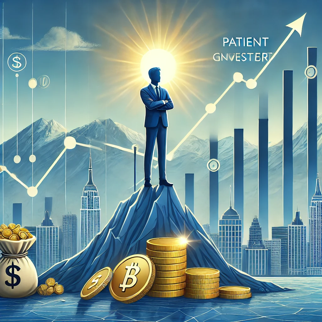 Warren Buffett et son investissement : Illustration d’un investisseur debout sur un sommet, surplombant une ville avec des symboles de croissance financière, représentant le succès à long terme