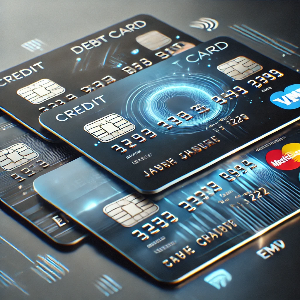 Illustration réaliste de cartes bancaires modernes disposées élégamment, mettant en avant des puces EMV, des logos bancaires et des symboles de paiement sans contact sur un fond minimaliste