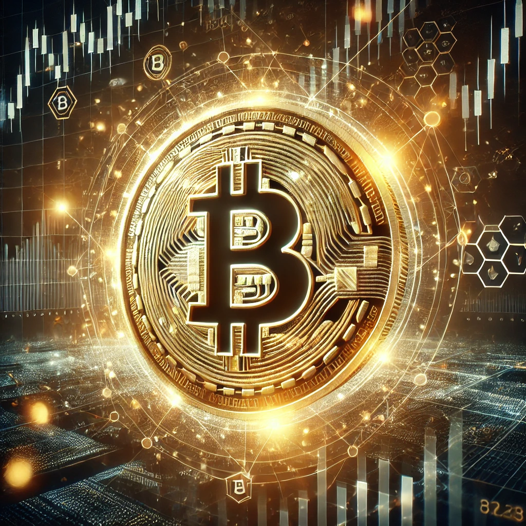 Illustration futuriste représentant un Bitcoin doré entouré d’éléments technologiques et de graphiques financiers, symbolisant l’essor des crypto-monnaies et l’innovation dans la finance numérique.