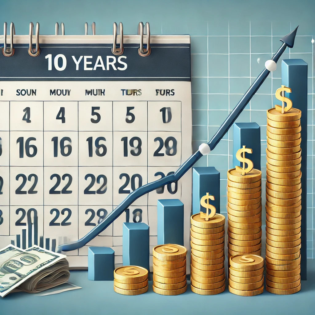 Illustration de la croissance d’un investissement sur 10 ans : un calendrier marqué sur 10 ans, des piles de pièces grandissant chaque année et un graphique financier montrant des rendements en hausse