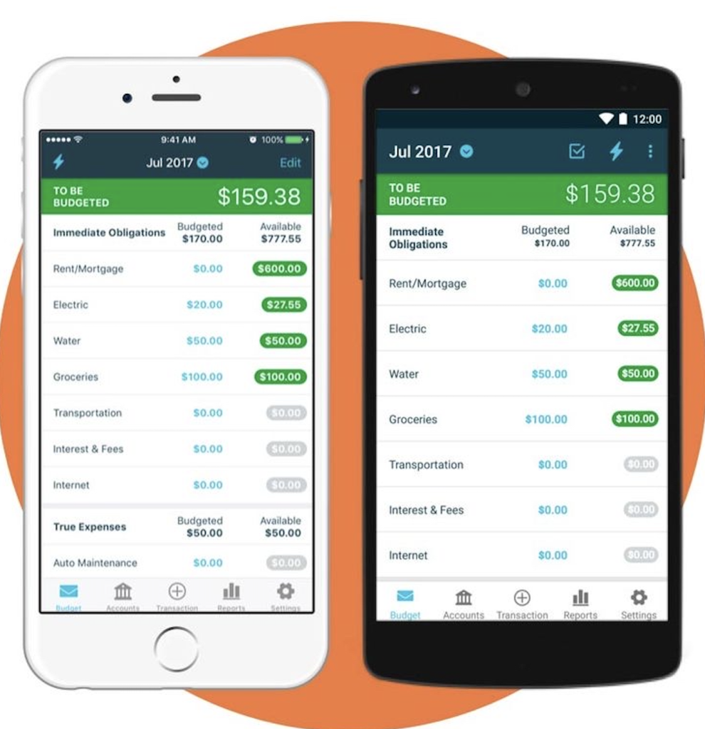 Illustration de différentes applications de gestion de budget sur un smartphone, avec des icônes représentant des graphiques, des pièces de monnaie et des symboles d’épargne, dans des tons bleus et verts.