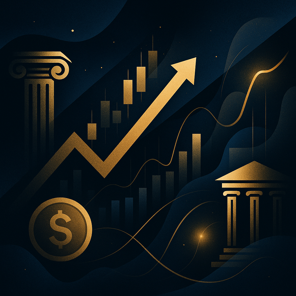 Illustration abstraite aux tons bleu nuit et or, évoquant le prestige, la puissance financière et l’héritage des banques légendaires comme Rothschild, JP Morgan et Goldman Sachs.