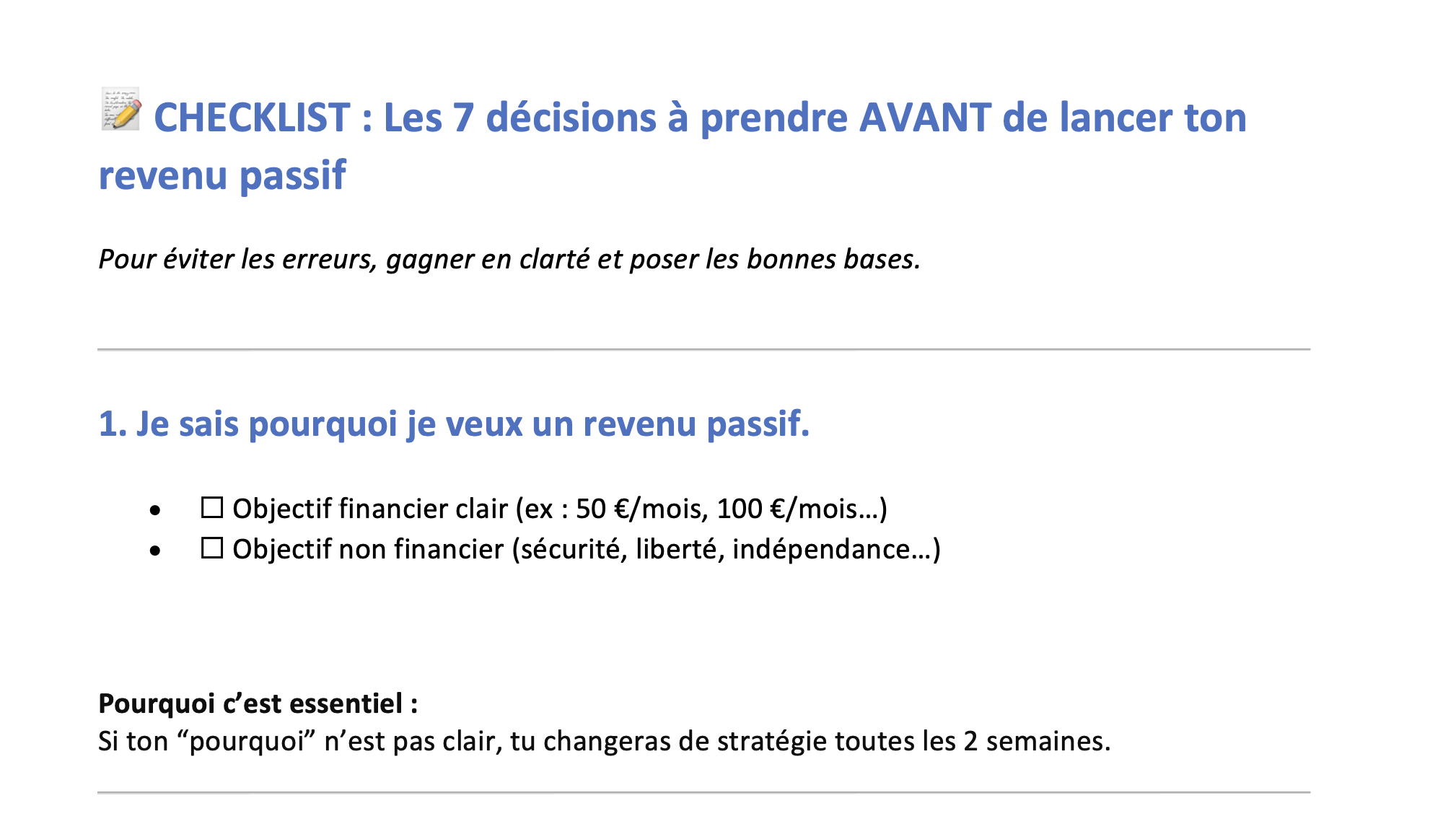 Checklist revenus passifs